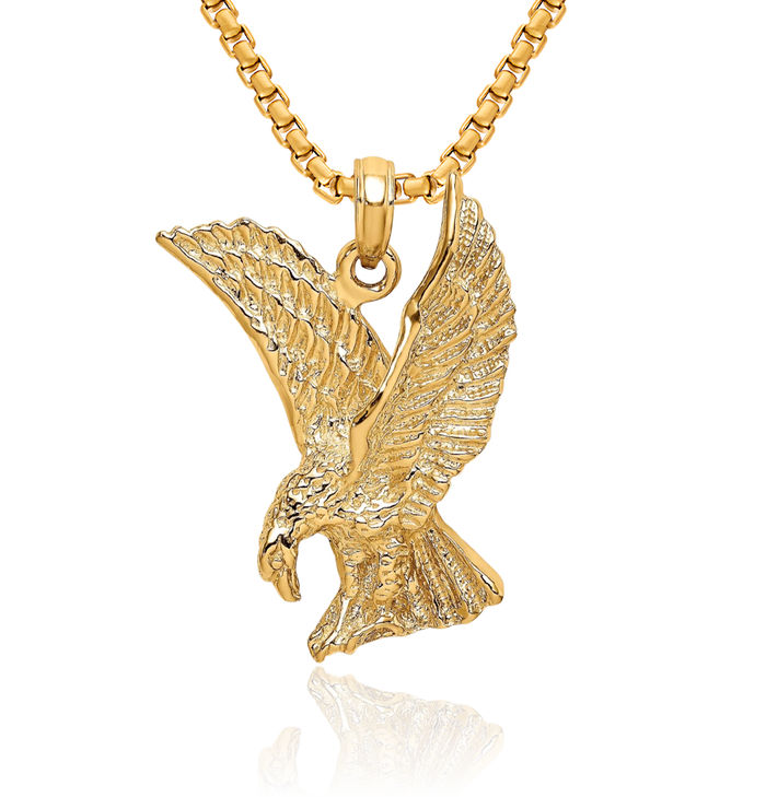 14K Solid Yellow Gold Eagle Symbol of Strength Freedom Hawk Bird Wings Necklace Chain Pendant Charm