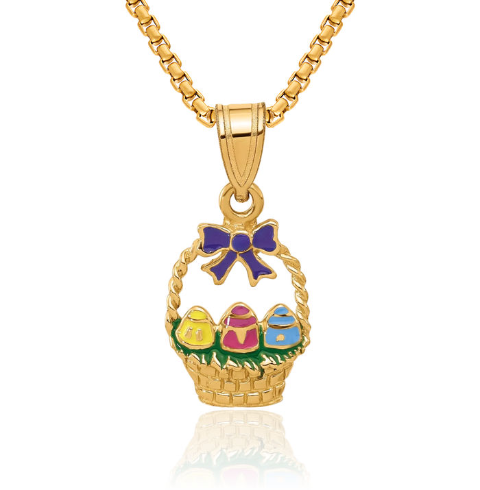 14K Solid Yellow Gold Easter Basket Bow Eggs Necklace Chain Pendant Charm