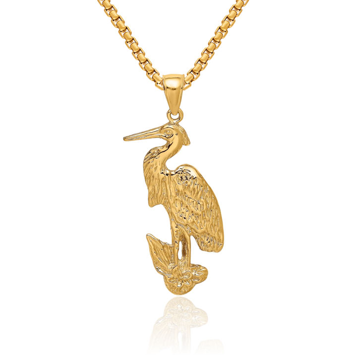 14K Solid Yellow Gold Egret Bird Necklace Chain Pendant Charm