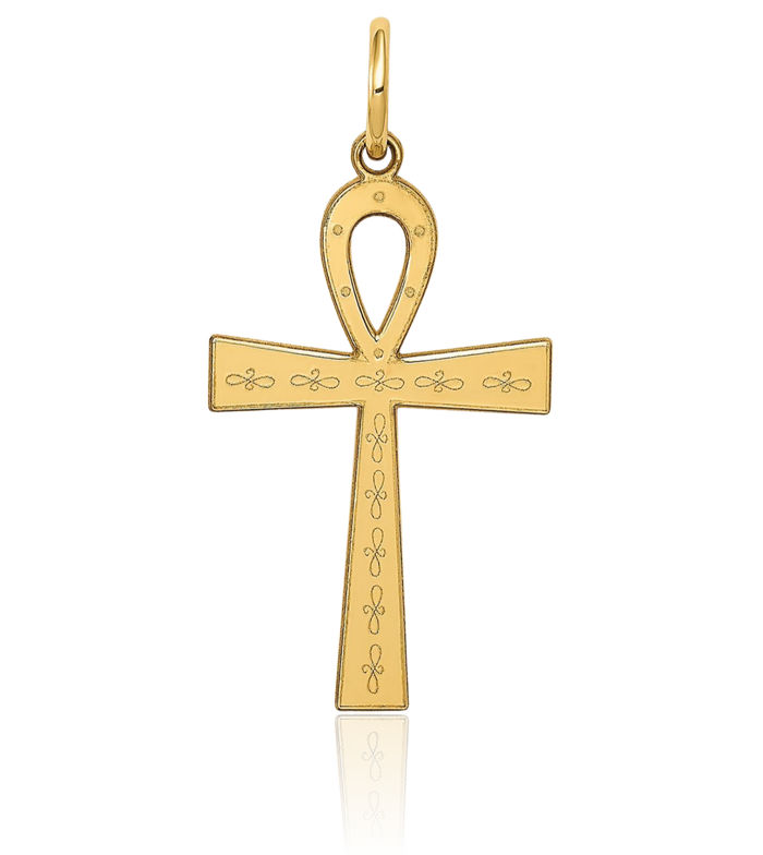 14K Solid Yellow Gold Egyptian Ankh Cross Pendant Necklace