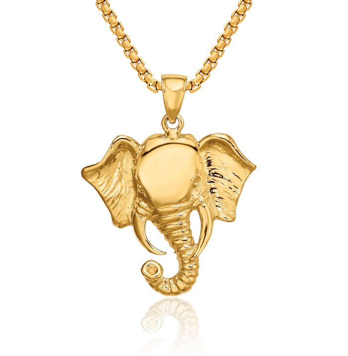 14K Solid Yellow Gold Elephant Head Twisted Trunk Necklace Chain Pendant Charm
