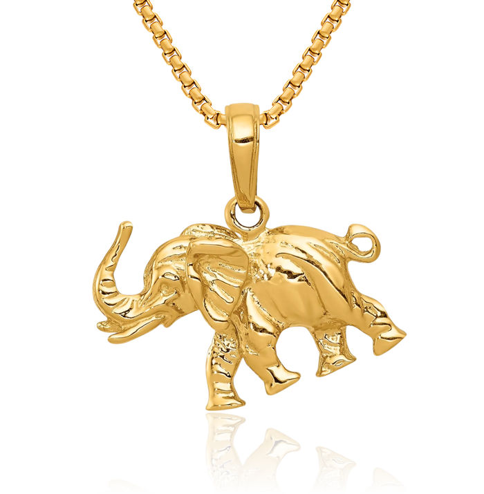 14K Solid Yellow Gold Elephant Necklace Chain Pendant Charm