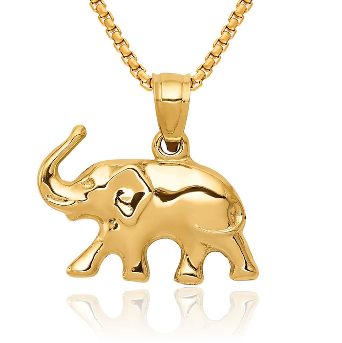 14K Solid Yellow Gold Elephant Necklace Chain Pendant Charm