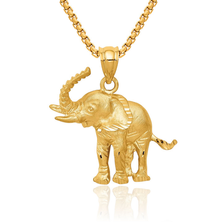 14K Solid Yellow Gold Elephant Necklace Chain Pendant Charm