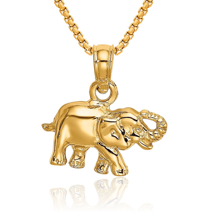 14K Solid Yellow Gold Elephant Necklace Chain Pendant Charm