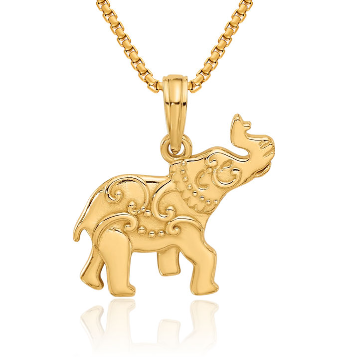 14K Solid Yellow Gold Elephant Necklace Chain Pendant Charm
