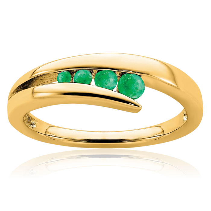 14K Solid Yellow Gold Green Emerald 4 Stone Ring Gemstone Band May Birthstone Jewelry