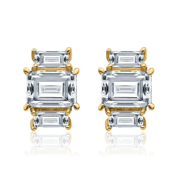 14K Solid Yellow Gold Emerald-Cut 3 Stone Moissanite Stud Earrings