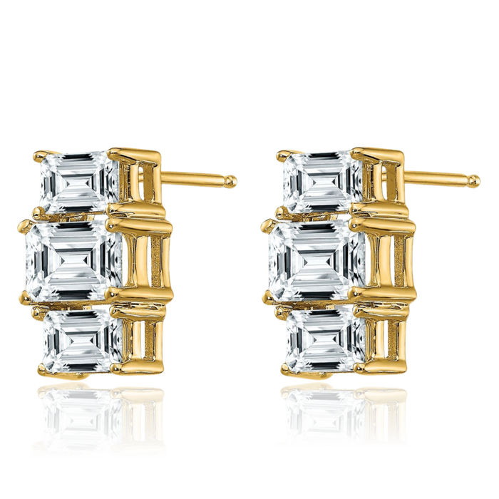 14K Solid Yellow Gold Emerald-Cut 3 Stone Moissanite Stud Earrings