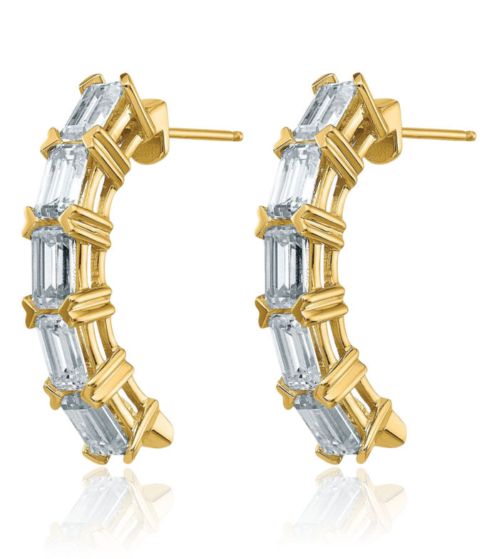 14K Solid Yellow Gold Emerald-Cut 5 Stone Moissanite Earrings