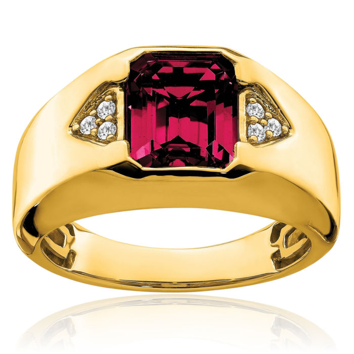 14K Solid Yellow Gold Emerald-Cut Lab Red Ruby Diamond Mens Ring July Birthstone Jewelry