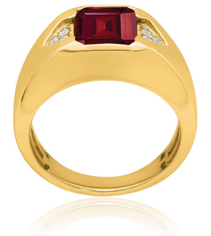 14K Solid Yellow Gold Emerald-Cut Lab Red Ruby Diamond Mens Ring July Birthstone Jewelry