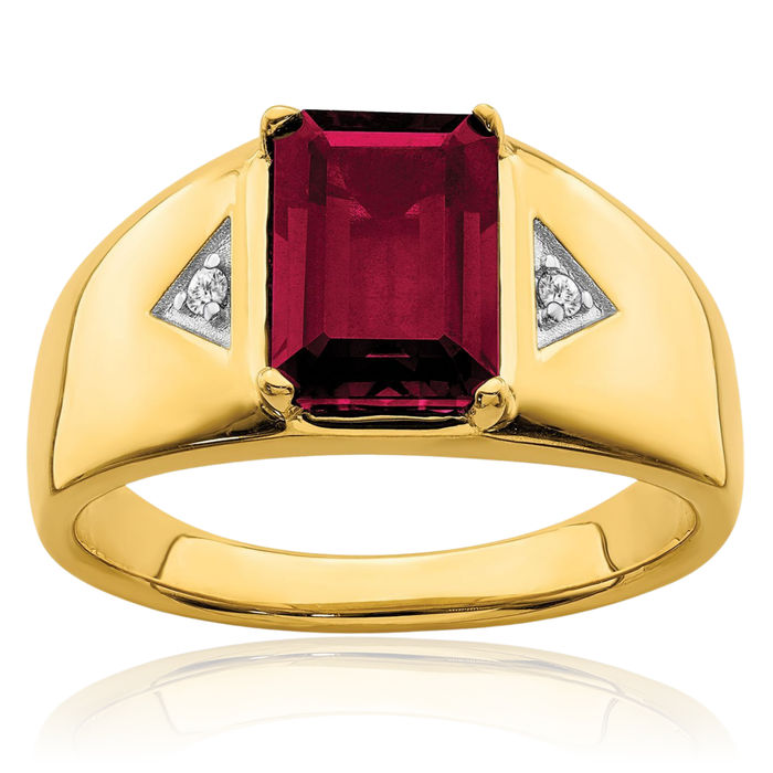 14K Solid Yellow Gold Emerald-Cut Lab Red Ruby Diamond Mens Ring