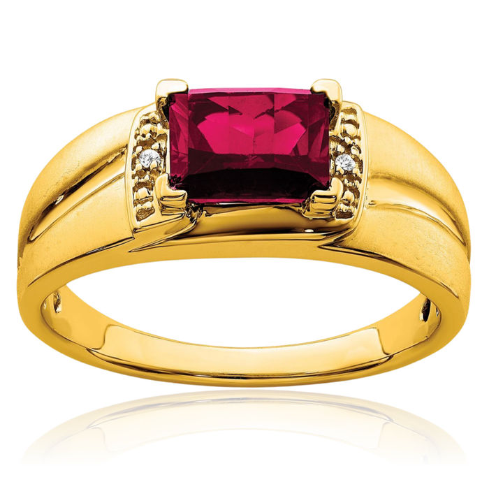 14K Solid Yellow Gold Emerald-Cut Lab Red Ruby Diamond Mens Ring July Birthstone Jewelry