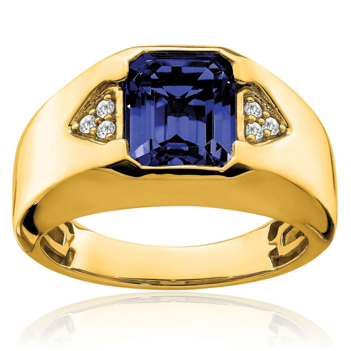 14K Solid Yellow Gold Emerald-Cut Lab Sapphire Diamond Mens Ring