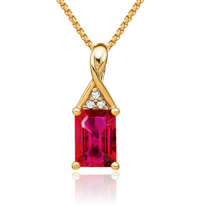 14K Solid Yellow Gold Emerald-Cut Red Ruby Diamond Necklace Charm Gemstone Pendant
