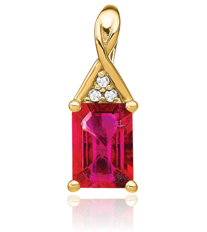 14K Solid Yellow Gold Emerald-Cut Red Ruby Diamond Necklace Charm Gemstone Pendant