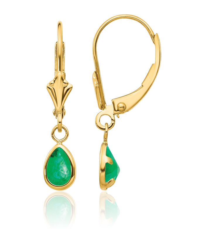 14K Solid Yellow Gold Green Emerald Drop Dangle Earrings Pear Teardrop Gemstone May Birthstone Jewelry