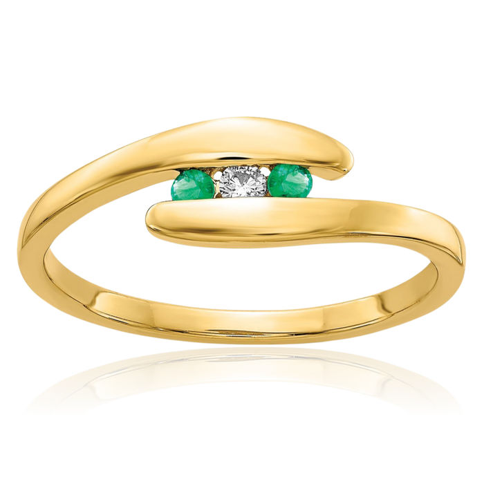 14K Solid Yellow Gold Green Emerald Diamond 3 Stone Ring Gemstone Band May Birthstone Jewelry