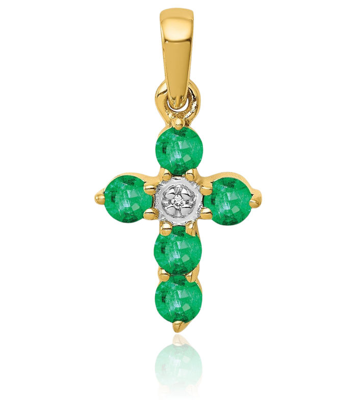 14K Solid Yellow Gold Green Emerald Diamond Holy Cross Necklace Gemstone Pendant Charm April Birthstone Jewelry