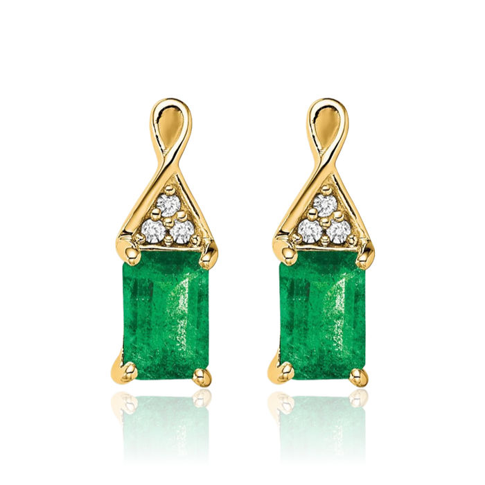 14K Solid Yellow Gold Green Emerald Diamond Drop Dangle Earrings Gemstone Post Push Back May Birthstone Jewelry