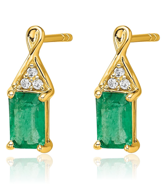 14K Solid Yellow Gold Green Emerald Diamond Drop Dangle Earrings Gemstone Post Push Back May Birthstone Jewelry