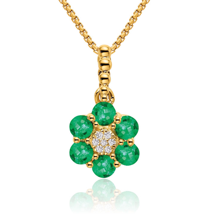 14K Solid Yellow Gold Green Emerald Diamond Flower Necklace Charm Gemstone Pendant