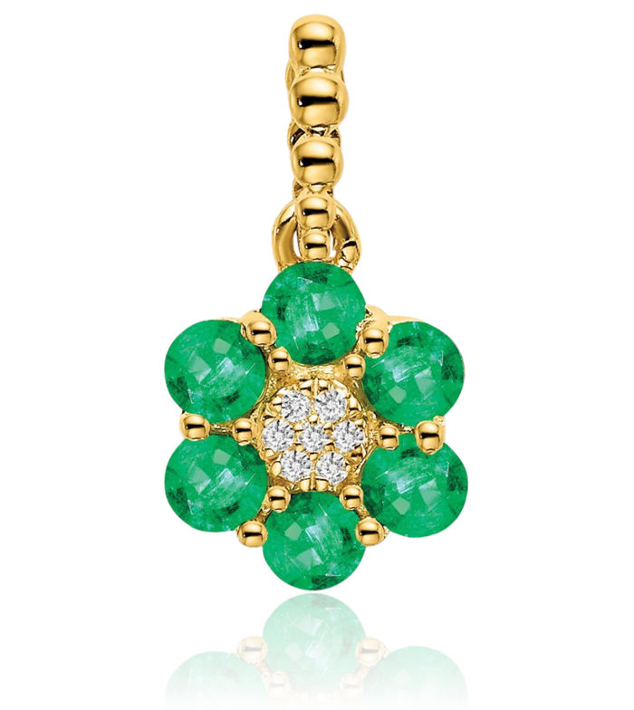 14K Solid Yellow Gold Green Emerald Diamond Flower Necklace Charm Gemstone Pendant