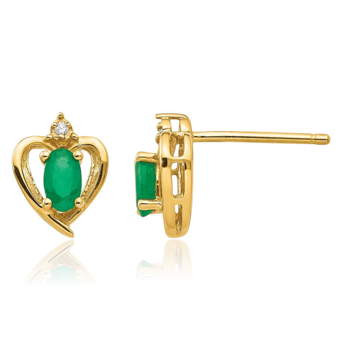 14K Solid Yellow Gold Green Emerald Diamond Heart Stud Earrings May Birthstone Jewelry