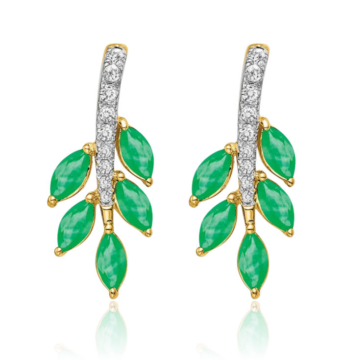 14K Solid Yellow Gold Green Emerald Diamond Leaf Drop Dangle Earrings Gemstone Post Push Back May Birthstone Jewelry