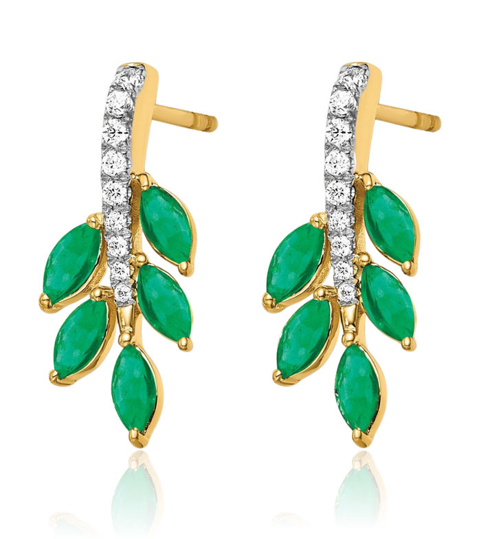 14K Solid Yellow Gold Green Emerald Diamond Leaf Drop Dangle Earrings Gemstone Post Push Back May Birthstone Jewelry