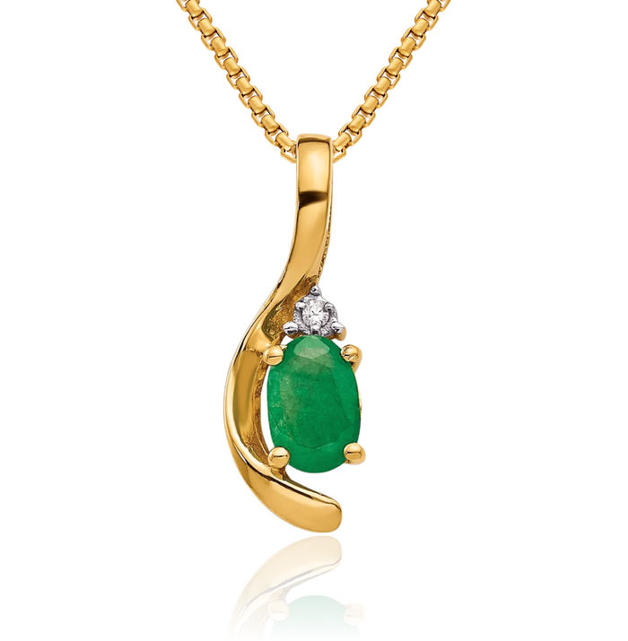 14K Solid Yellow Gold Green Emerald Diamond Necklace Gemstone Pendant Charm April May Birthstone Jewelry