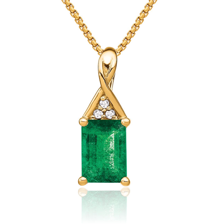 14K Solid Yellow Gold Green Emerald Diamond Necklace Charm Gemstone Pendant