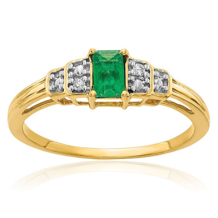 14K Solid Yellow Gold Green Emerald Diamond Ring Gemstone Band May Birthstone Jewelry