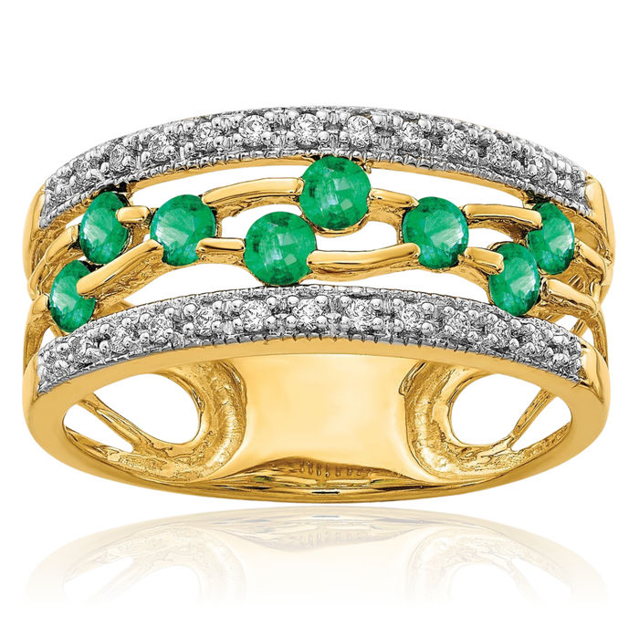 14K Solid Yellow Gold Green Emerald Diamond Ring Gemstone Band May Birthstone Jewelry