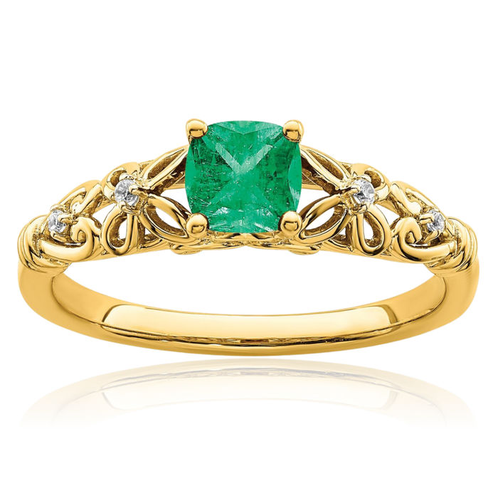 14K Solid Yellow Gold Green Emerald Diamond Ring Gemstone Band May Birthstone Jewelry