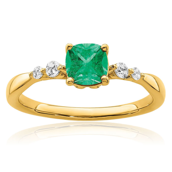 14K Solid Yellow Gold Green Emerald Diamond Ring Gemstone Band May Birthstone Jewelry