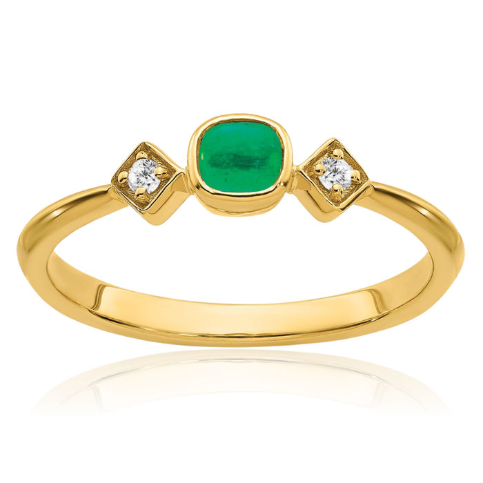 14K Solid Yellow Gold Green Emerald Diamond Ring Gemstone Band May Birthstone Jewelry