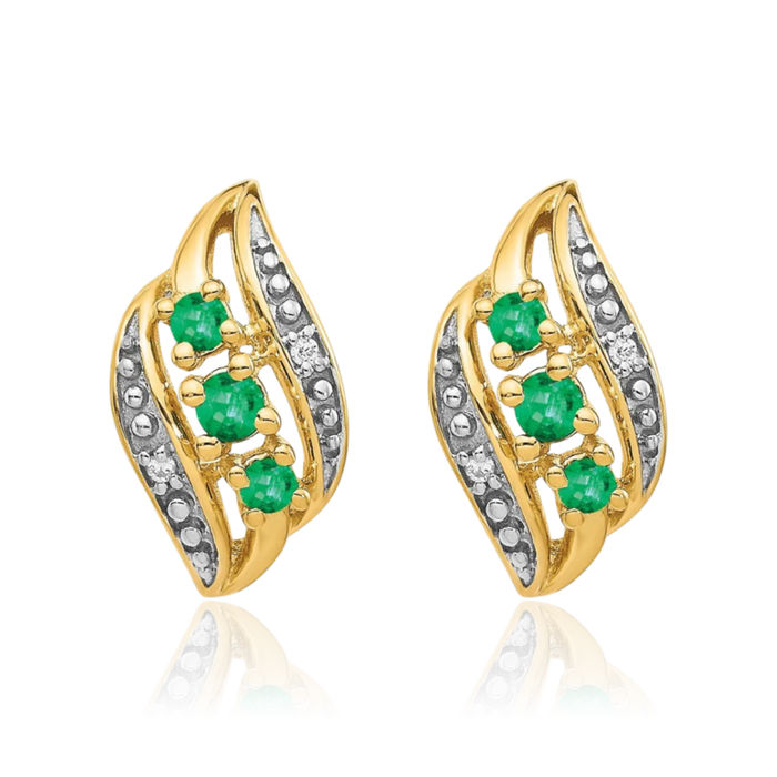 14K Solid Yellow Gold Green Emerald Diamond Stud Earrings Gemstone Post Push Back