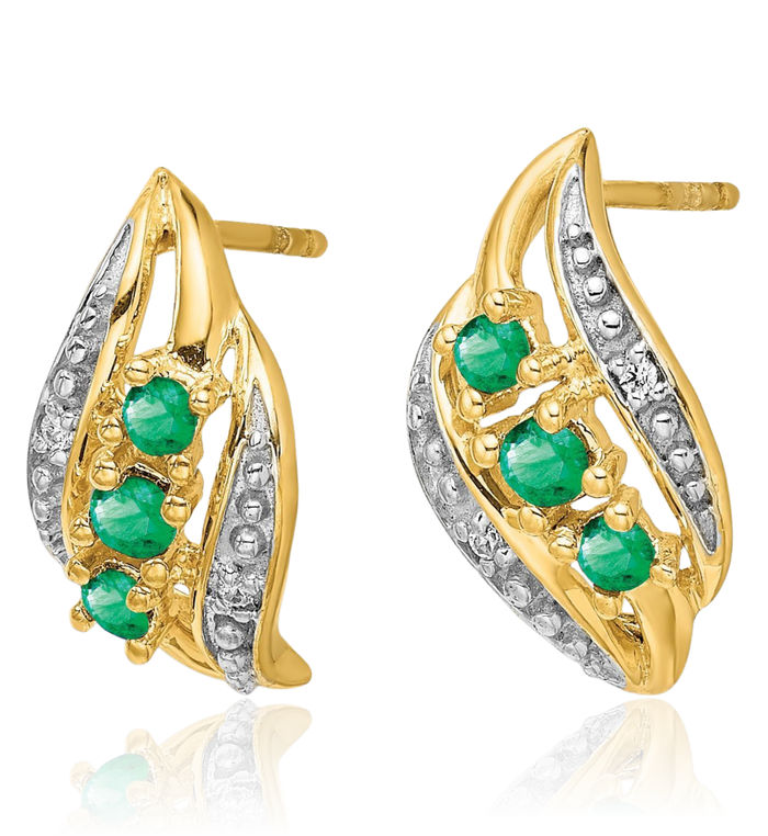 14K Solid Yellow Gold Green Emerald Diamond Stud Earrings Gemstone Post Push Back