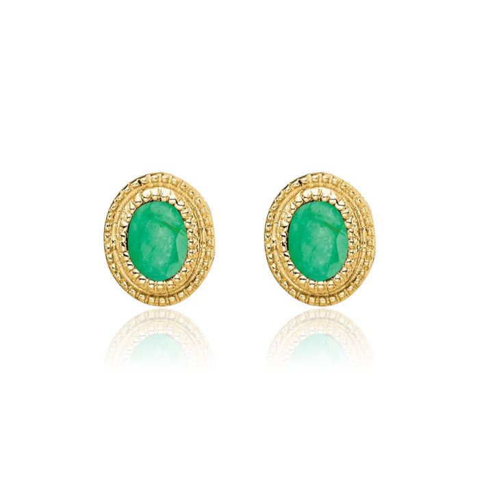 14K Solid Yellow Gold Green Emerald Diamond Stud Earrings May Birthstone Jewelry