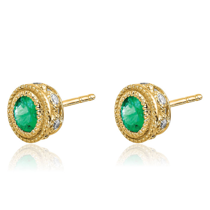 14K Solid Yellow Gold Green Emerald Diamond Stud Earrings May Birthstone Jewelry