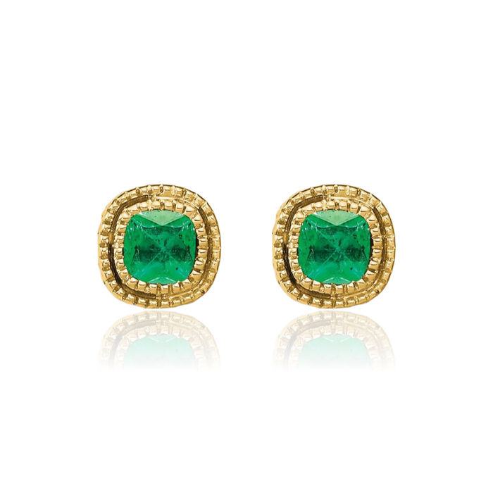 14K Solid Yellow Gold Green Emerald Diamond Stud Solitaire Earrings May Birthstone Jewelry