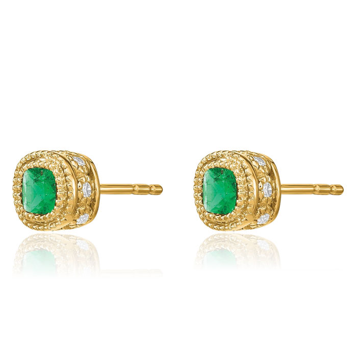 14K Solid Yellow Gold Green Emerald Diamond Stud Solitaire Earrings May Birthstone Jewelry