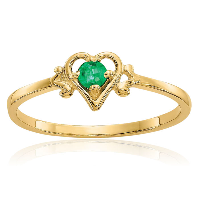 14K Solid Yellow Gold Green Emerald Heart Ring Love Band May Birthstone Jewelry