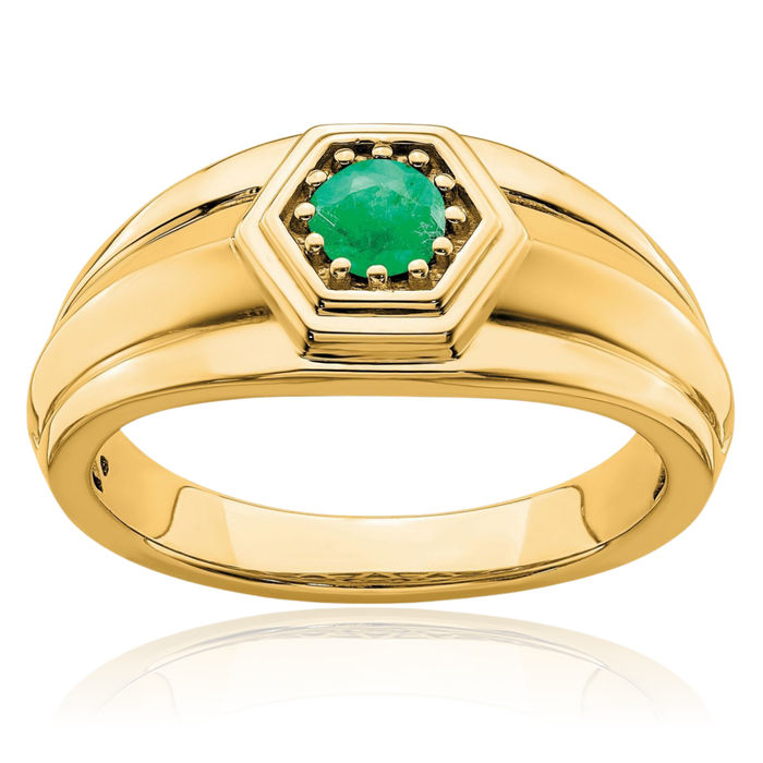 14K Solid Yellow Gold Green Emerald Mens Ring Gemstone Band