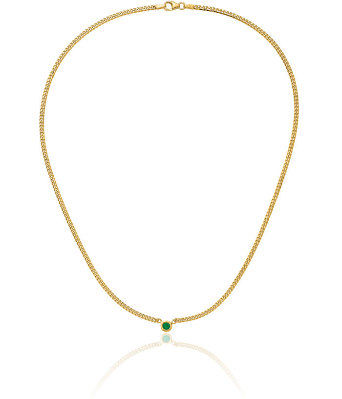 14K Solid Yellow Gold Green Emerald Necklace Curb Link Chain Gemstone Pendant Charm