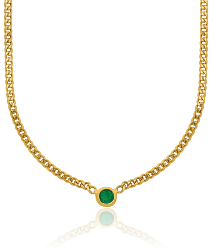 14K Solid Yellow Gold Green Emerald Necklace Curb Link Chain Gemstone Pendant Charm