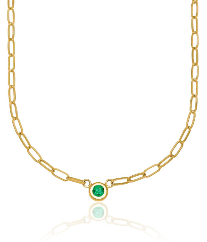 14K Solid Yellow Gold Green Emerald Oval Link Necklace Chain Gemstone Pendant Charm