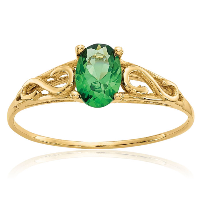 14K Solid Yellow Gold Synthetic Green Emerald Solitaire Ring